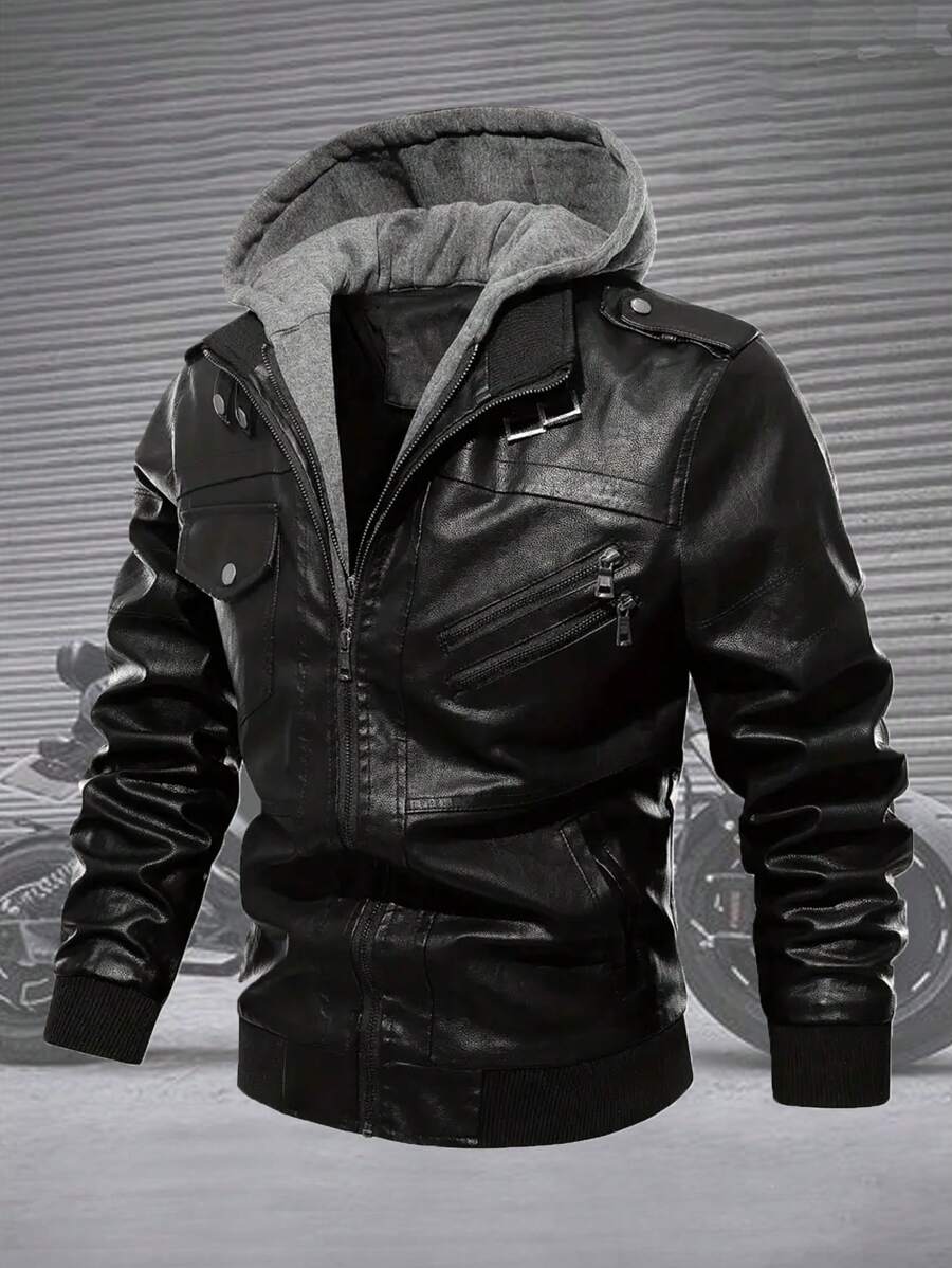 Casual Multi-Pocket Men's PU Leather Jacket, Vintage Motorcycle Leather Jacket With Detachable Hood, Suitable For Autumn/Winter