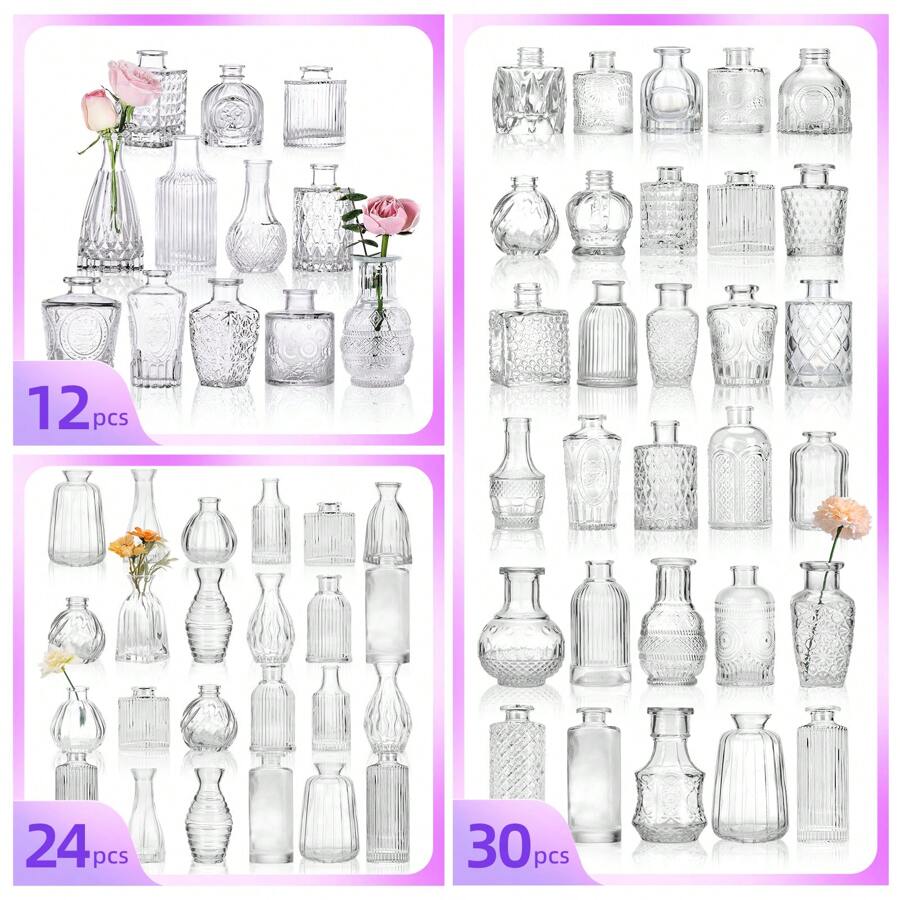 Superlele 12/24/30/48pcs Bud Vases, Small Vase For Flowers, Clear Glass Vase For Home Decor, Wedding Decorations, Clear Flower Vases For Centerpieces, Vintage Vase For House Decor
