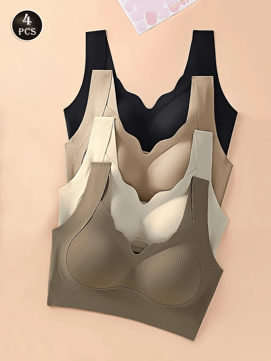 4pcs Women's Solid Color Wireless No-Underwire Supportive V-Neck Breathable & Comfortable Lingerie Bra