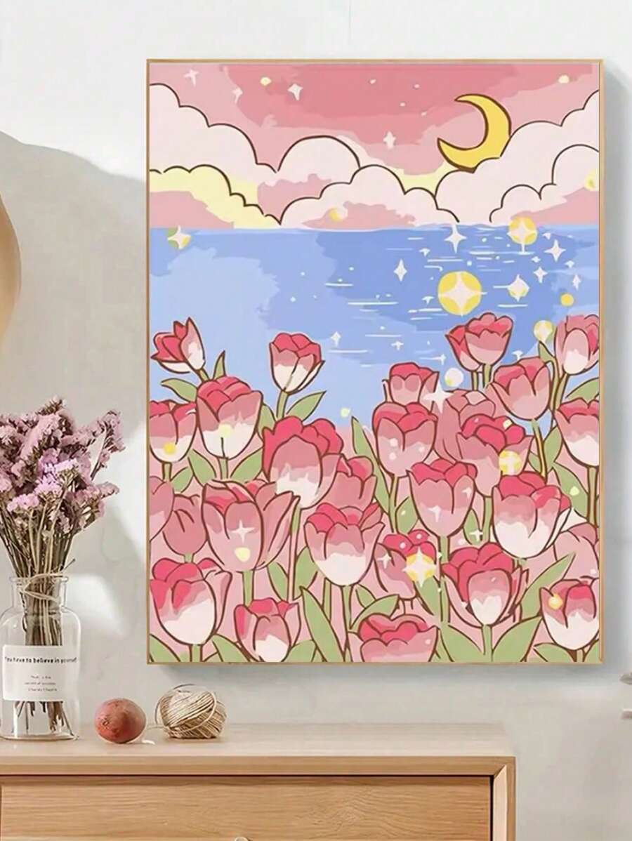 Kit de pintura de diamantes 5D con paisaje de dibujos animados - Flores hermosas y luna, mosaico de diamante redondo completo, bordado artesanal, apropiado para decoración del hogar, regalo perfecto para familiares y amigos