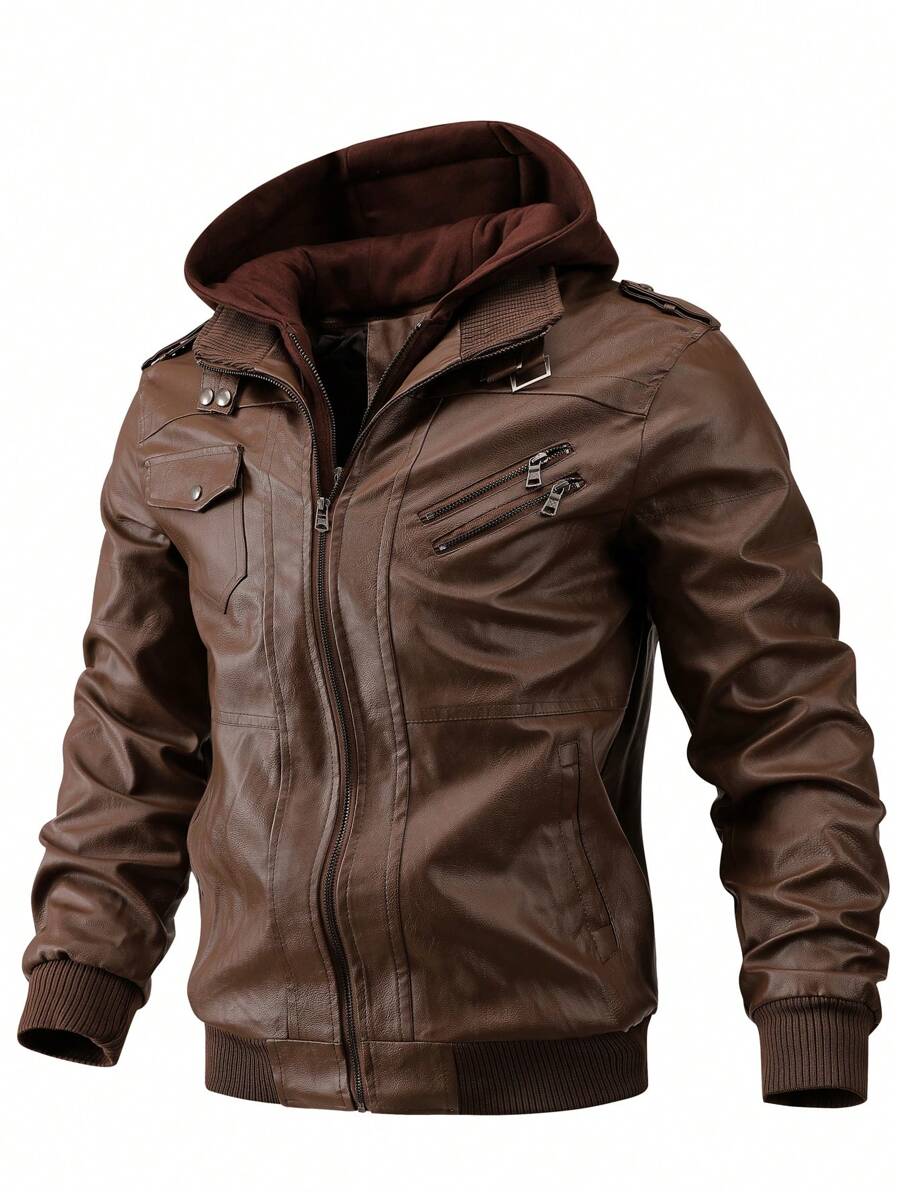 Men Casual Multi-Pocket Retro Motorcycle PU Leather Hooded Jacket, Autumn/Winter