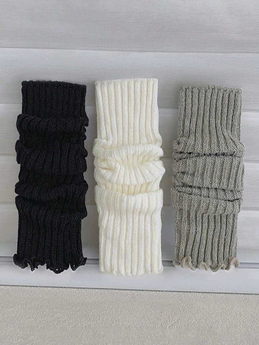 2 Pairs Women Solid Color Vertical Striped Simple Fashionable Warm Thicken Leg Warmers, Autumn/Winter