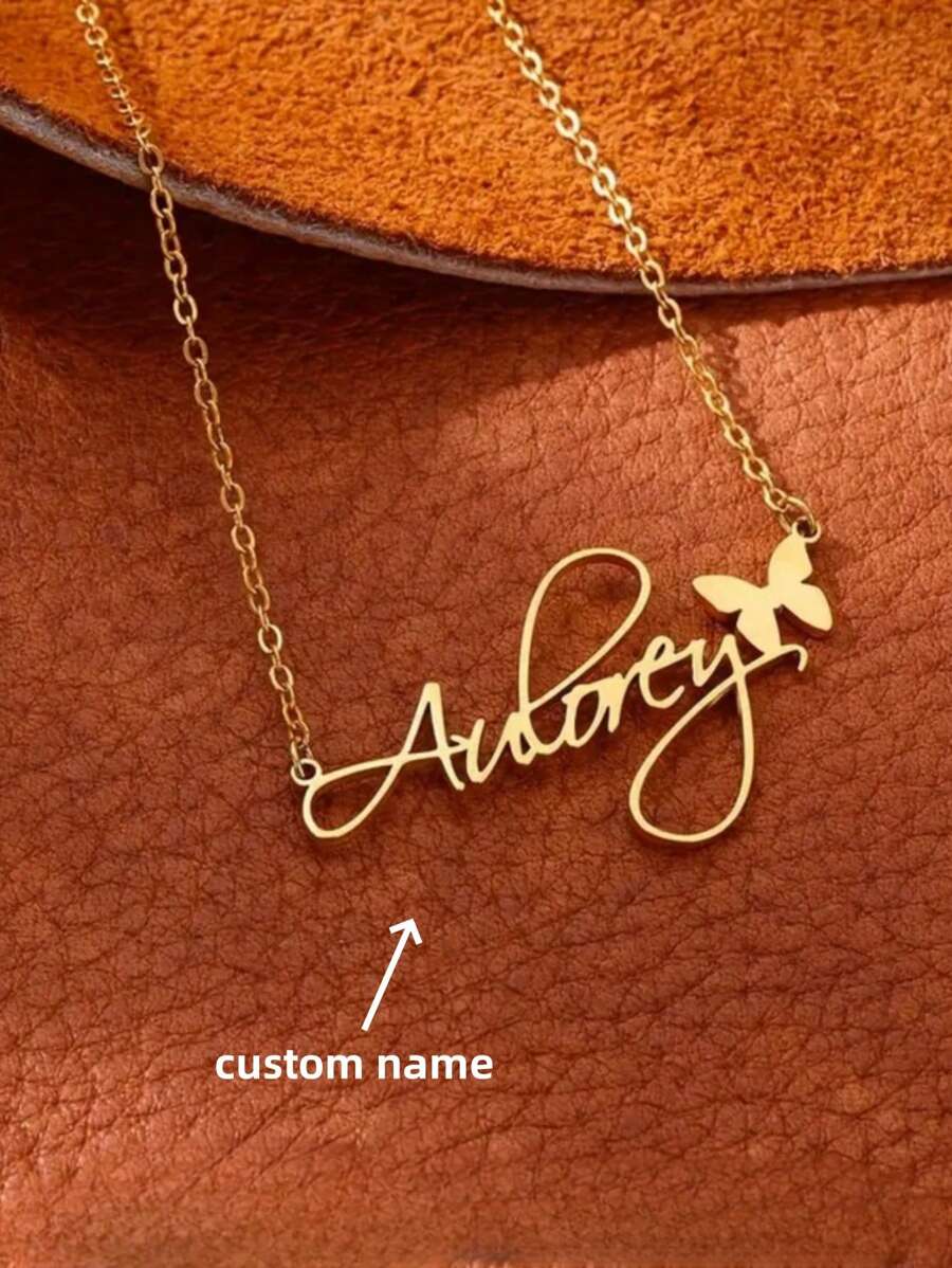 1PC Personalized Butterfly And Love Name Necklace - Elegant Stainless Steel Pendant, Perfect Women's Gift Valentines