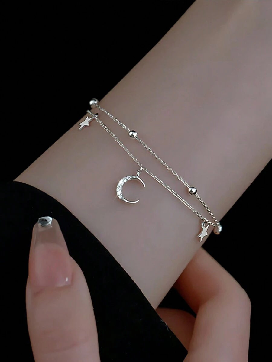Sterling Silver Double Layer Sweet Star And Moon Bracelet Female Mori Style Fresh Rhinestone Elegant Light Luxury Hand Jewelry