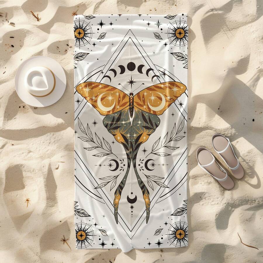 1pc Modern Geometric-Patterned Quick-Dry Beach Towel, Fantasy Moth Cartoon Design, Soft Skin-Friendly Polyester Blend, Sand-Absorbent, Ideal For Pool, Travel, Yoga, Swimming - Woven, Oblong, 250gsm Summer, Holiday Bathroom Decor Beach Essentials