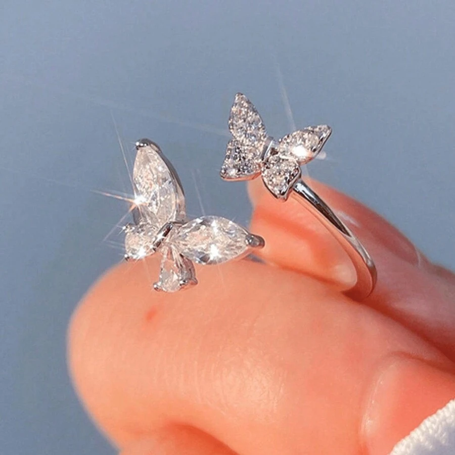 1pc Women's Delicate Light Luxury Design Fresh And Sweet Style Open Adjustable Zirconia Butterfly Ring Suitable For Weddings, Parties, Daily Wear Elegant Party