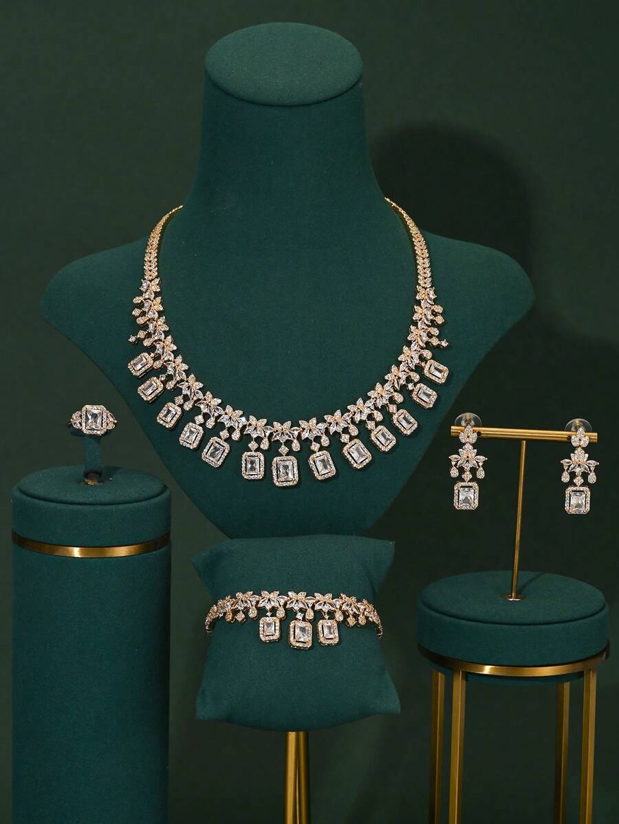 4pcs Luxury Middle Eastern Style Necklace Sets, Multi-Layer Copper Inlaid White Zirconia Jewelry Sets, Party Wedding Gift Accessory For Women