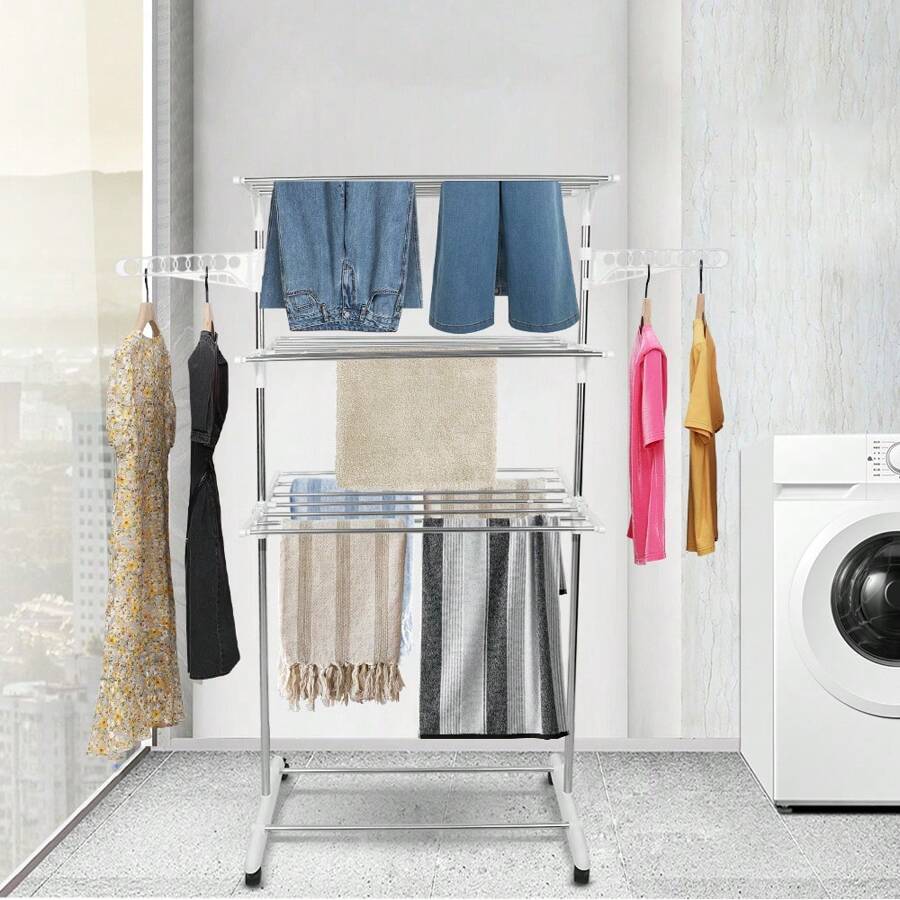 Séchoir à Linge étendoir Pliable Ailes latérales Utilisation intérieure et extérieure 75 x 44 x 158 cm 3 Niveaux