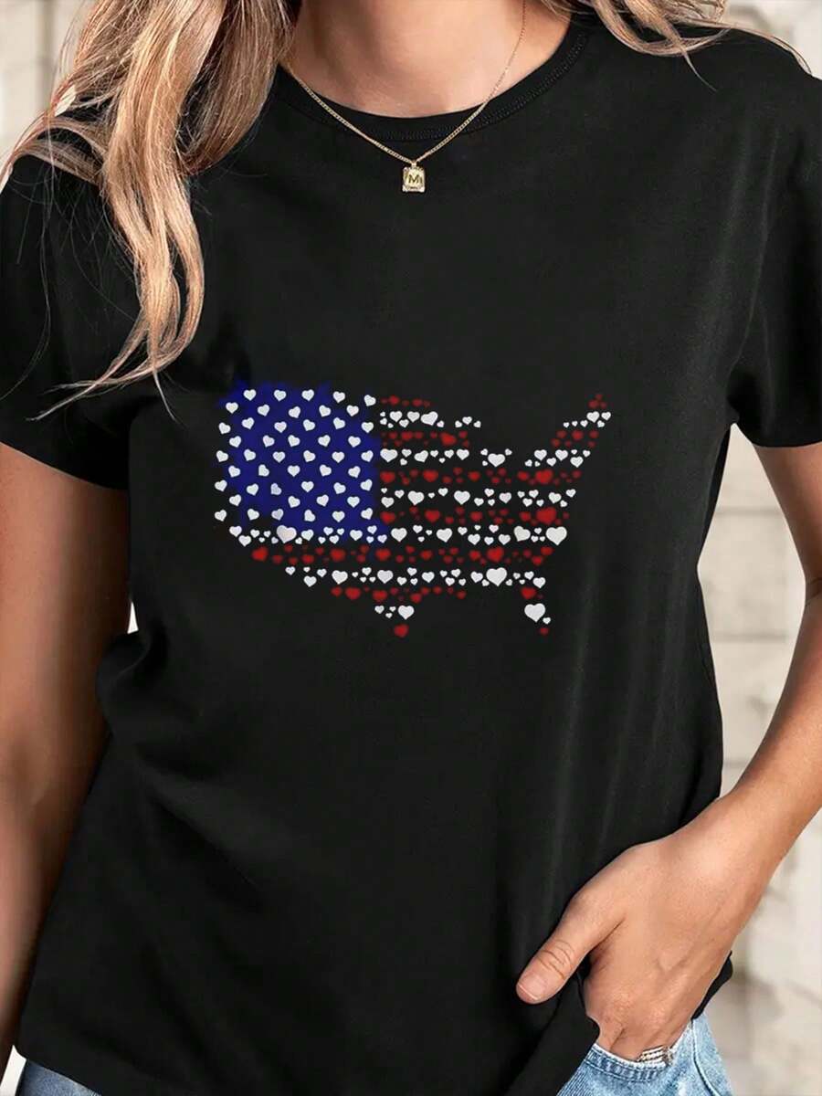 Hearts Usa Flag Independence Day Pattern T-Shirt Plus Size Stylish Crew Neck Women'S Casual Round Neck Short Sleeve