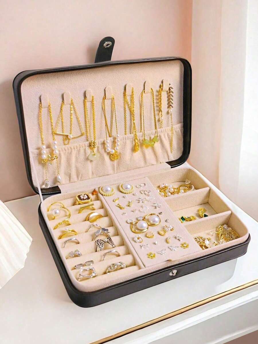 1 pieza Caja de almacenamiento de joyas de PU, Caja de joyas de viaje, Caja de almacenamiento de joyas de cierre a presión, Caja de viaje portátil de doble capa con soporte de exhibición, Caja de almacenamiento multifuncional para joyas, pendientes y anillos, Regalo de Navidad, Regalo del Día de San Valentín