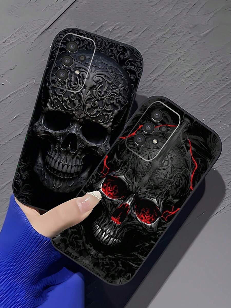 2pcs Skull Black Painted Anti-Fall Phone Case Compatible With IPhone 14 Pro Max/13, Cartoon Design Protective Phone Case Compatible With IPhone XR/7/8/XS, Galaxy Series A03s/A04/A12/A13/A14, Redmi Series