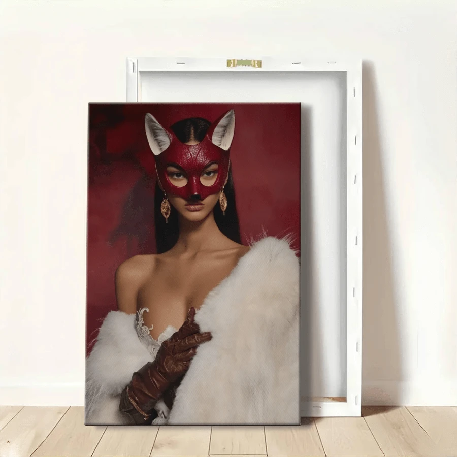 1pc Framed Canvas Wall Art Poster Print Woman In Red Mask And Fur Coat Canvas Classic Oil Painting Art Home Decor For Living Room, Bedroom, Office