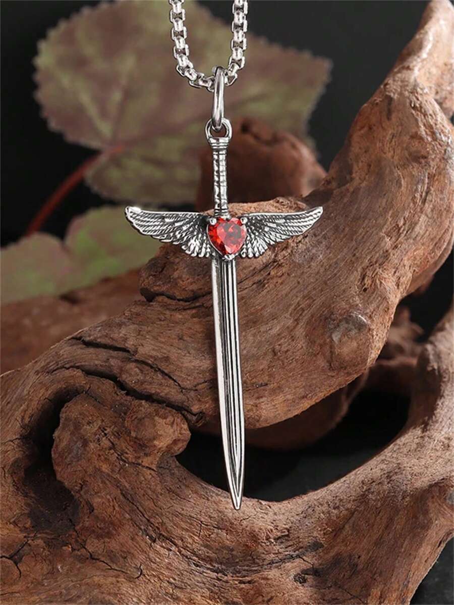 1pc Vintage Cross Sword Angel Wing Pendant Necklace, Unisex Punk Jewelry Gift