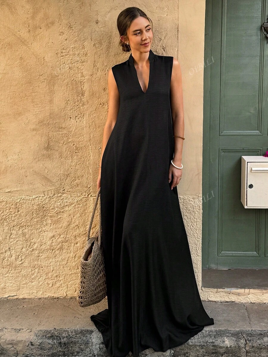 Vestido casual suelto de mujer de unicolor con cuello en V y línea A