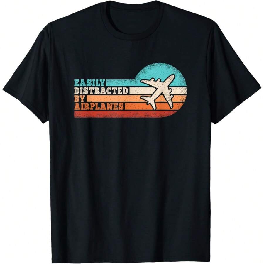 100% Cotton Easily Distracted By Airplanes Funny Pilot Aviation Plane T-Shirt
