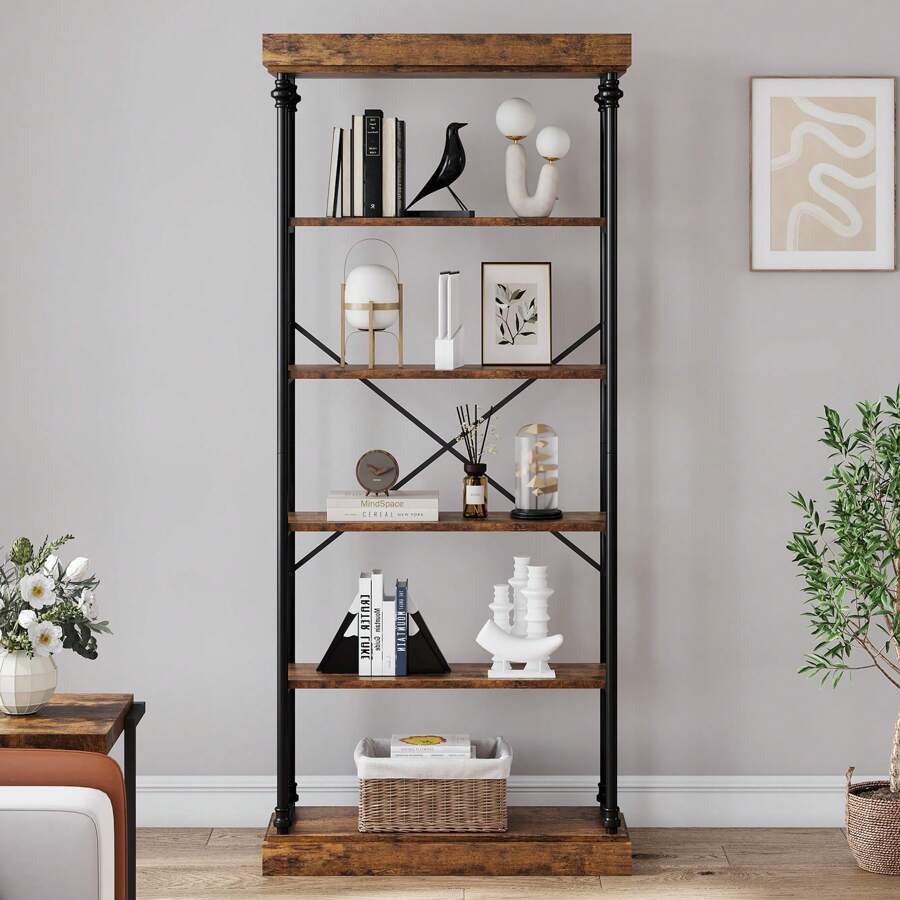 Industrial Bookshelf Wood Bookcase 6 Tier Storage Open Rack Shelf With Metal Frame Rustic Tall Standing Bookshelves Large Grey Display Rack For Bedroom,Living Room And Home Office
