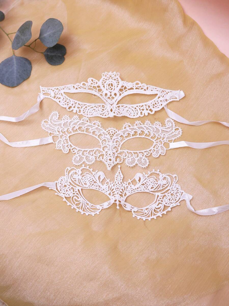 1 pieza/3 piezas/6 piezas - Máscara de encaje blanco/5 piezas negro para decoración de fiesta de vacaciones, máscara de mascarada para mujeres, con correa ajustable