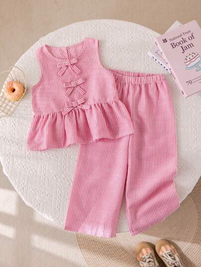 2pcs/Set Girls' Casual Bow Striped Sleeveless Tank Top And Pants Set, Summer