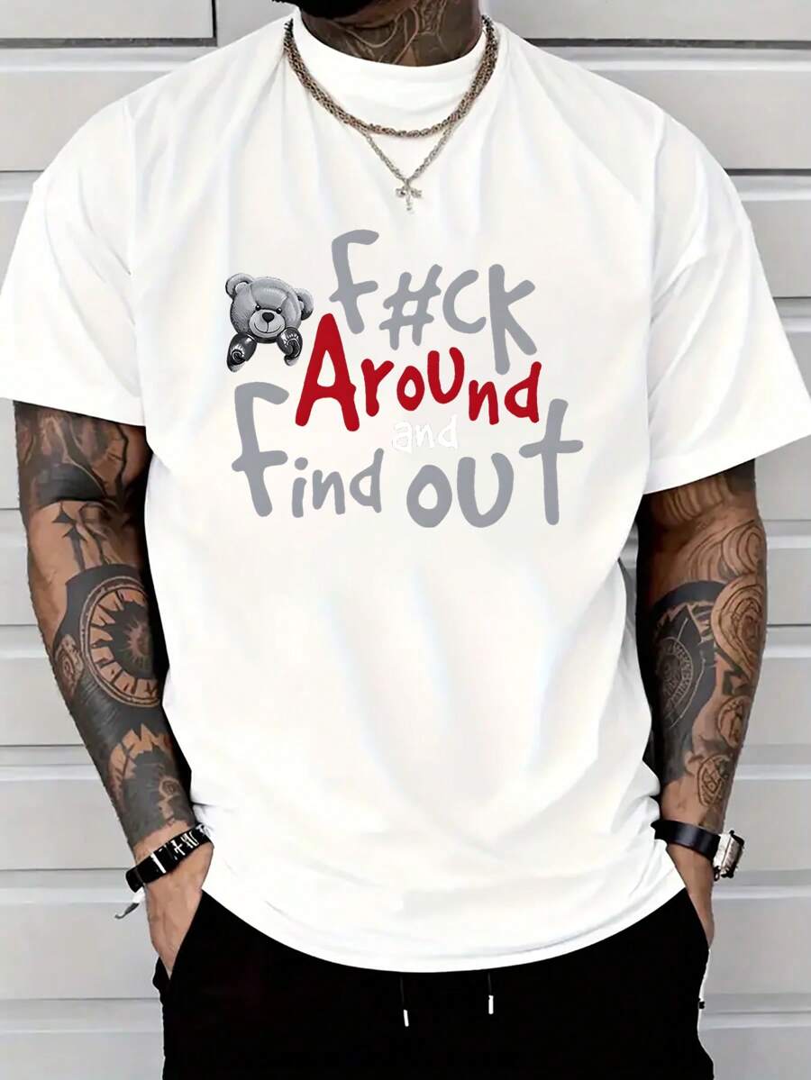 One Piece, 100% Cotton, High Street Cool And Stylish Versatile T-Shirt, Boxer Bear, Interesting And Exquisite Letter Pattern T-Shirt, Men's Short Sleeved Printed T-Shirt, Round Neck High Street Pure Cotton Short Sleeved T-Shirt, Fashionable And T-Shirt, Holiday Gift
