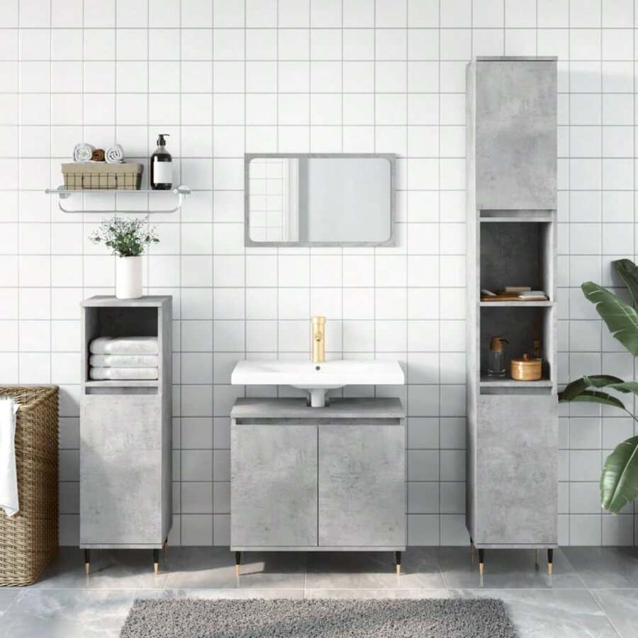 Élégant cabinet de salle de bain en bois d'ingénierie gris de 50 cm, solution de rangement pour espaces modernes. Décoration de salle de bain de la maison, organisateur de maquillage d'été, retour à l'école