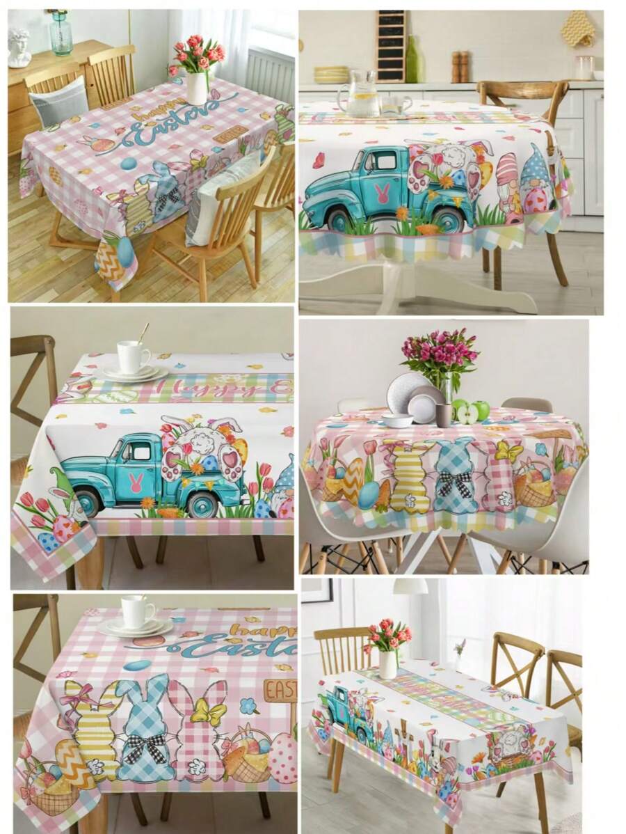1pc, Happy Easter Tablecloth, Pink Plaid Table Cloth, Bunny, Truck,Tulip, Easter Eggs, Floral Tablecloth, Round Tablecloth, Rectangular Tablecloth, Easy Clean, Home Decor, Perfect For Kitchen, Living Room & Outdoor Party