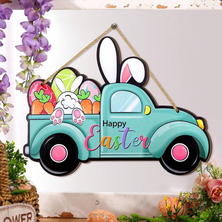 1Pc Happy Easter Bunny Door Sign Decor Easter Egg Bunny Car Wooden Wall Hanging Plaque Sign Rabbit Easter Spring Wreath Decorations For Farmhouse Spring Easter Theme Party Decor Home Front Door Porch Wall Decor