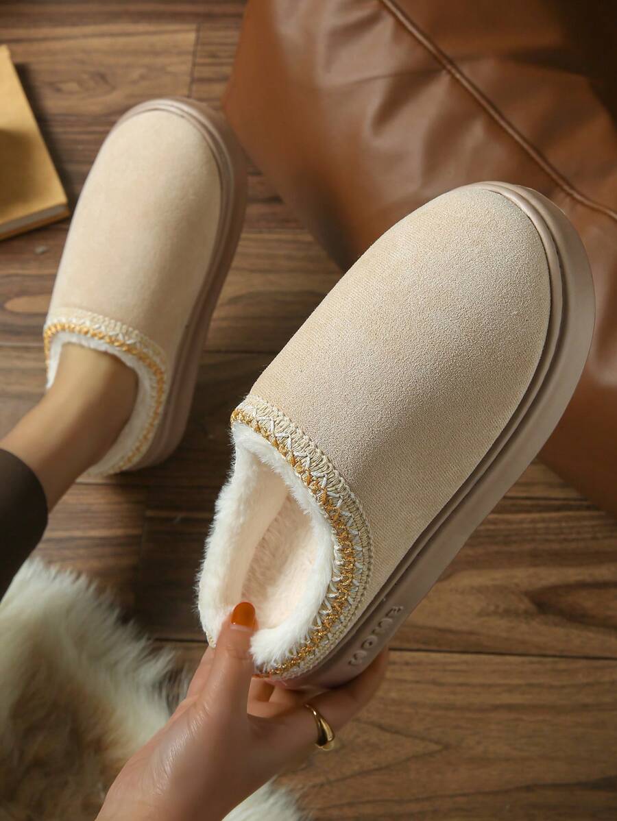 Women Faux Suede Fleece Slippers, Thick Platform Closed Toe Slip On, Winter Fashion Outdoor Snow Shoes, Indoor/Outdoor Anti-Slip TPR Sole