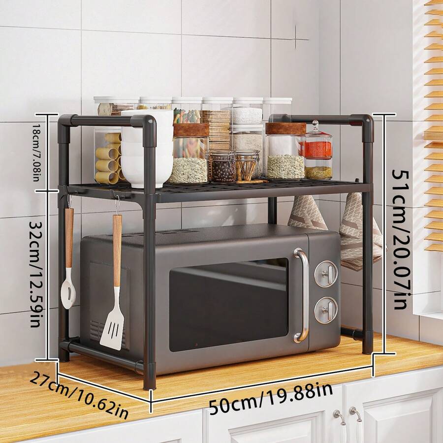 1pc Multi-Purpose Floor Standing Storage Rack With Handles And Hooks - Sturdy Plastic/Metal, Adjustable Shelves, Suitable For Microwave, Oven And Accessories Storage - Perfect For Countertops, Bedroom And Bathroom Essentials