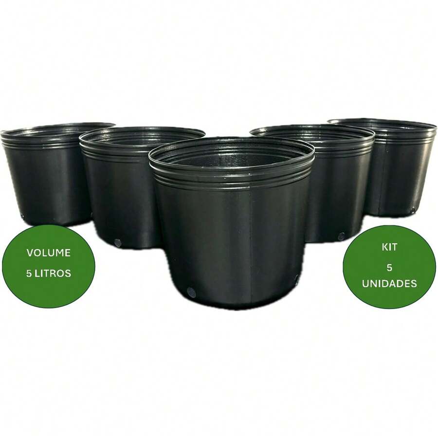 KIT COM 5 UNIDADES VASO PARA MUDAS 5 LITROS Plantas Flores Hortaliças Jardins Preto Pote Plastico Flexível