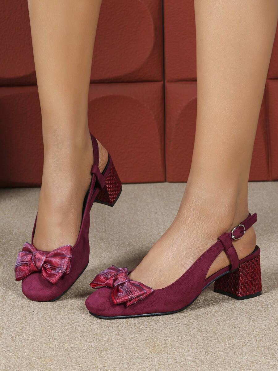 Elegante pumps met hoge hak en strikversiering voor dames, bordeauxrode fluwelen schoenen met vierkante neus en dikke hak, geschikt voor bruiloften en alle seizoenen