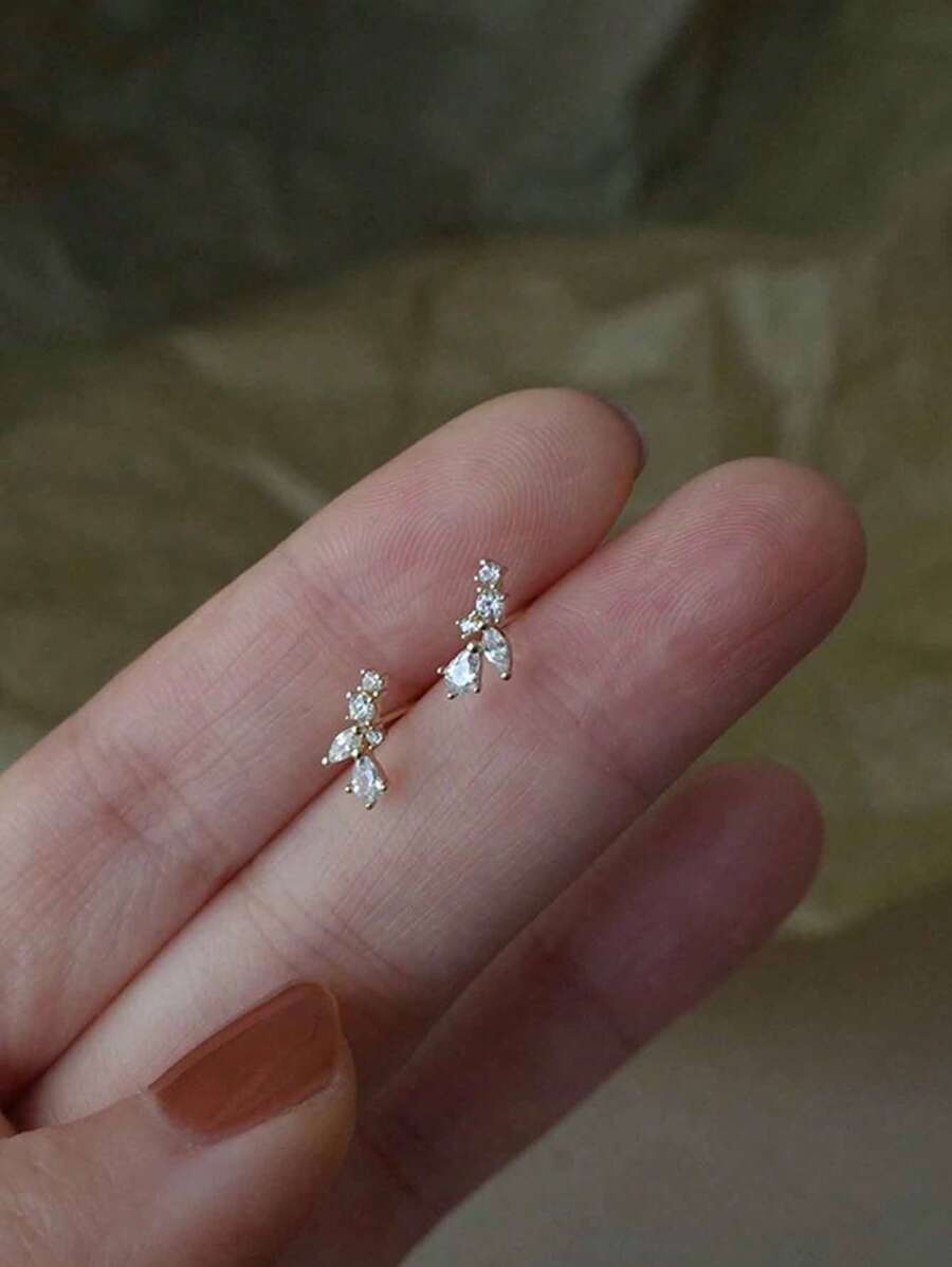 1 Pair Casual S925 Sterling Silver Full Cubic Zirconia Wheat Leaf Stud Earrings, Luxury Everyday/Date/Gift Jewelry For Women