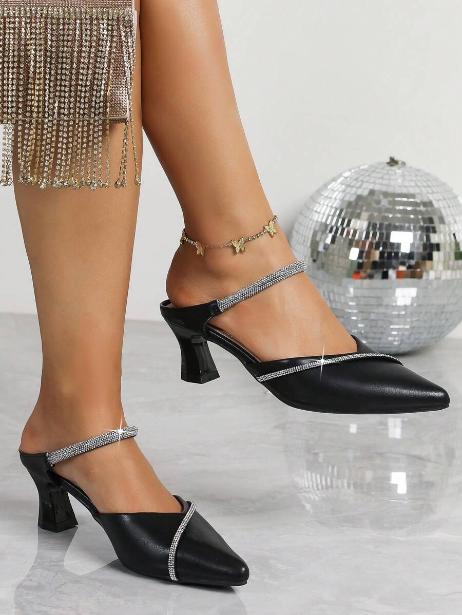 Women's Studded Mid-Heel Pointed Toe Sandals, Slip-On Dress Shoes For Daily Wear