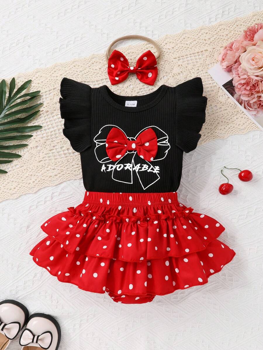 Set de 3 piezas para outfit de verano de niñas bebé - Body con volantes y moño, short estampado de lunares blancos y diadema