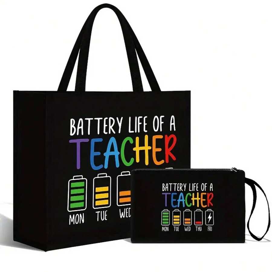 Gift- Large Capacity Fashion Tote Bag With "Battery Life Of A Teacher" Print, Cosmetic Bag, Lining, And No Closure - Perfect For Educators And School Staff, Best Teacher Appreciation Gifts, Thank You Teacher Gifts