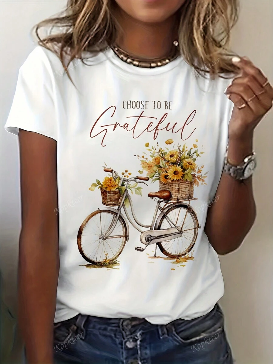 Maglietta casual da donna a maniche corte con scollo tondo, stampa di bicicletta e fiori, a tinta unita, ampia