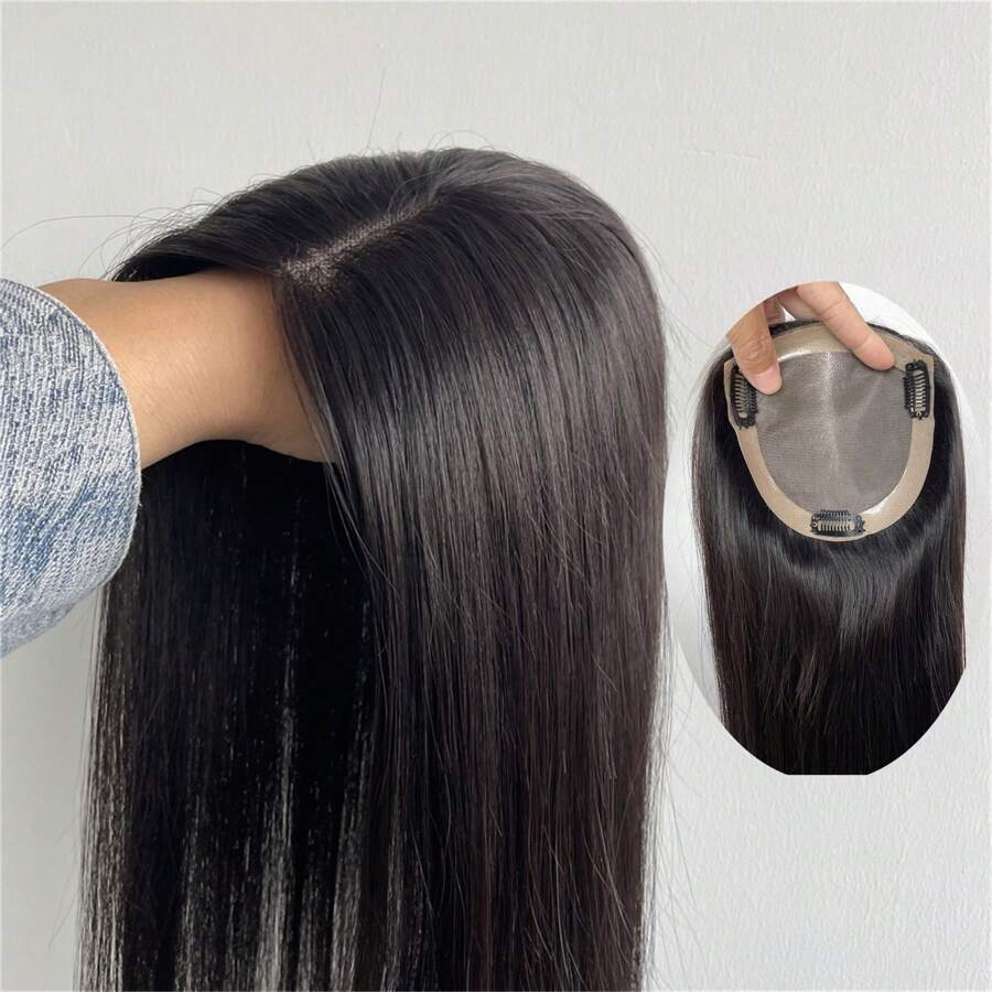 1 Pc Free Parting Human Hair Clip In Toppers para mulheres, Invisible Hair Topper Mono Base Humano Topper 5 * 5 polegadas Cor Natural Topper para mulheres com cabelo ralo Cabelo humano real