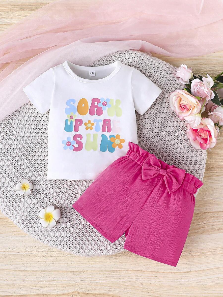 Set da 2 pezzi, magliette a maniche corte con stampa di lettere e fiocchi e pantaloncini per bambine/bambine piccole, outfit casual primaverili, leggeri, per primavera/estate