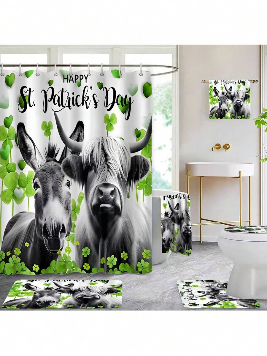 1pc/2pcs/4pcs/6pcs St Patrick's Day Shower Curtain Set With 12 Hooks, Toilet Covers Seat, Bath Mats Non-Slip Rug Carpet, 2 Pieces Ultra-Soft Large Bath Towel, Absorbent Hand Face Towels Washcloths Kitchen Dish Towel, Bathroom Accessories Boy Valentine Heart Valentine Home Bathroom Decor Summer Back To School