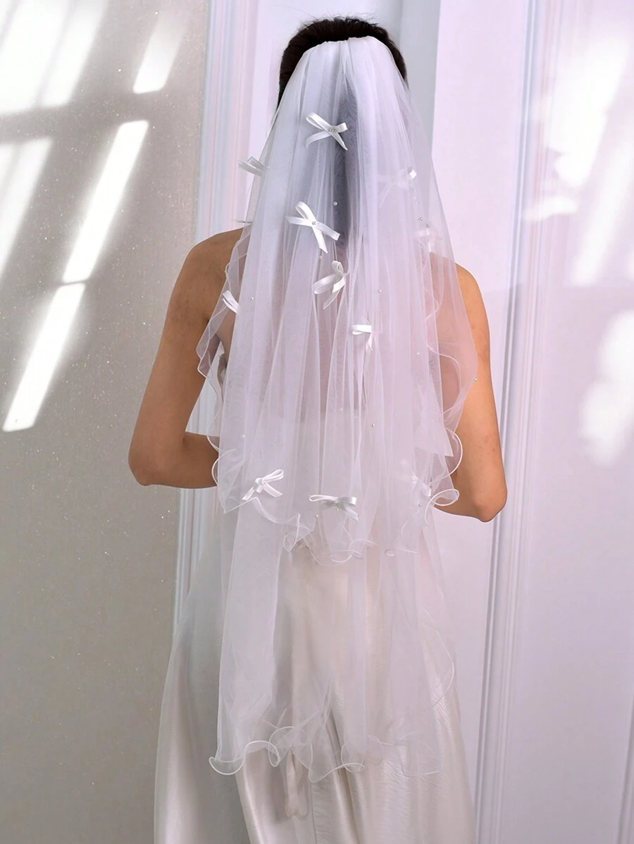 1pc Pearl Beaded Bow Double Layer Bridal Veil With Wavy Edge And Hair Comb