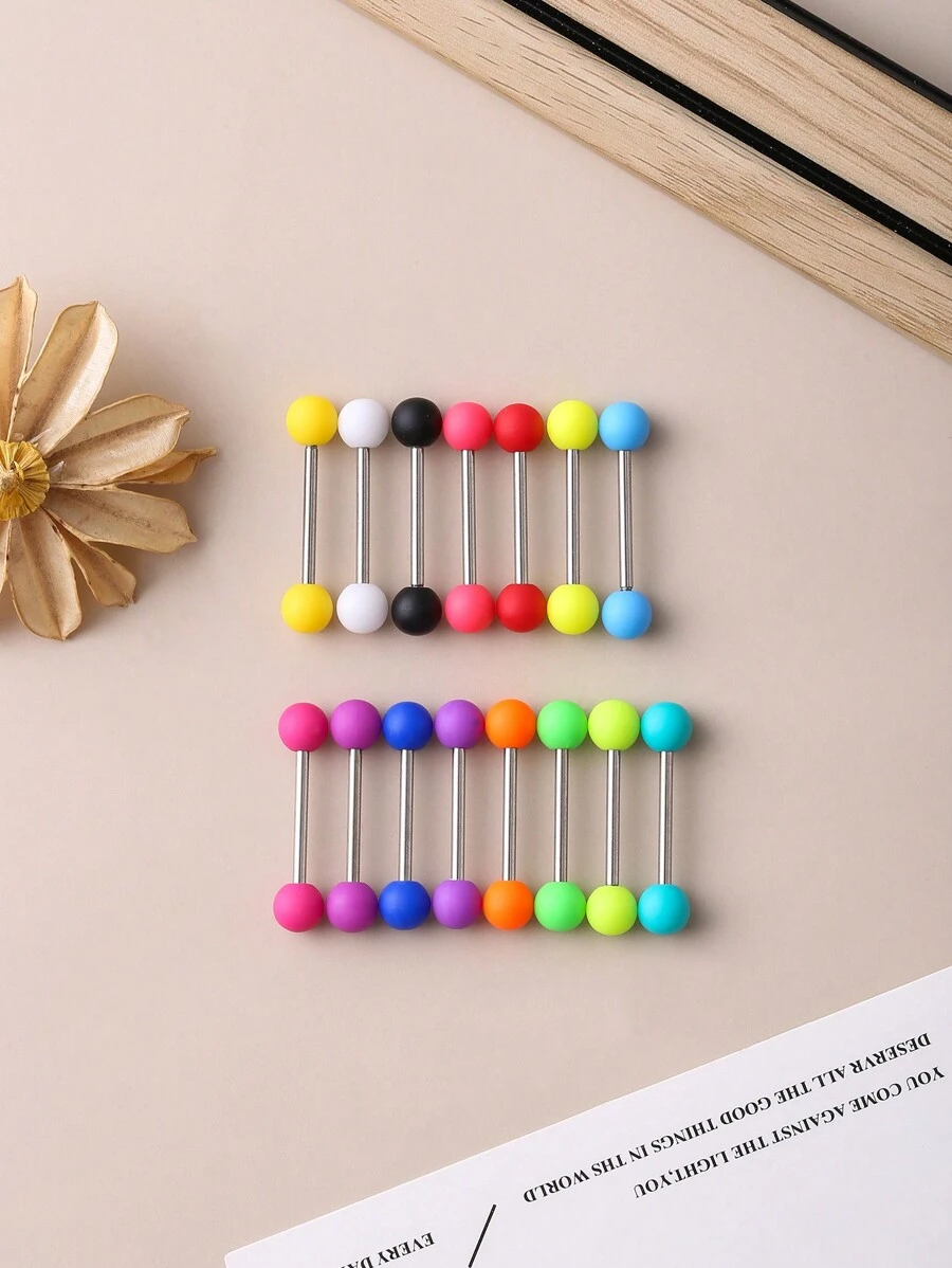 15pcs Acrylic Matte Effect Candy Color Non-Allergic Stainless Steel Tongue Rings, Suitable For Halloween, All Holidays, Festivities, Party Wear