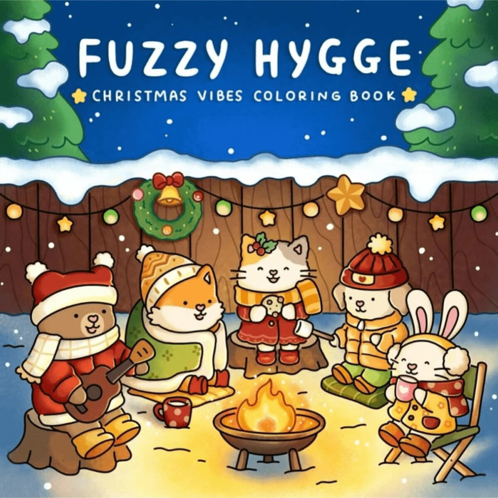 1PC Fuzzy Hygge: Christmas Vibes Coloring Book For Adults & Teens Featuring Cozy Festive Holiday Winter Scenes With Adorable Animals Characters (Fuzzy Friends Coloring), Perfect Gift For Christmas! Back To School
