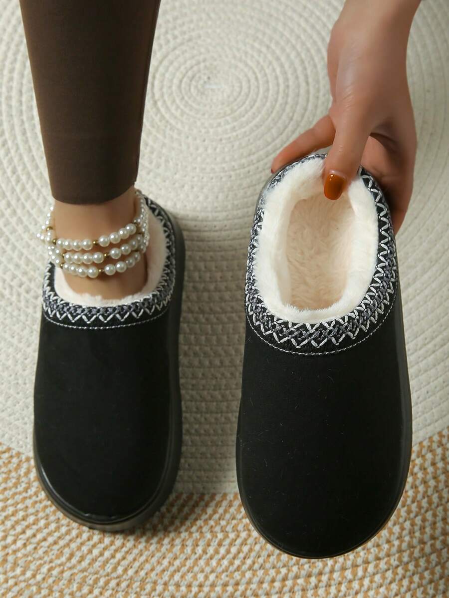 Women's Plush Suede Furry Slippers, Thick Sole Slip-On Slippers, Winter Fashion Outdoor Snow Boots, Slouchy Slip-On Slippers With TPR Anti-Slip Sole For Indoor And Outdoor Use