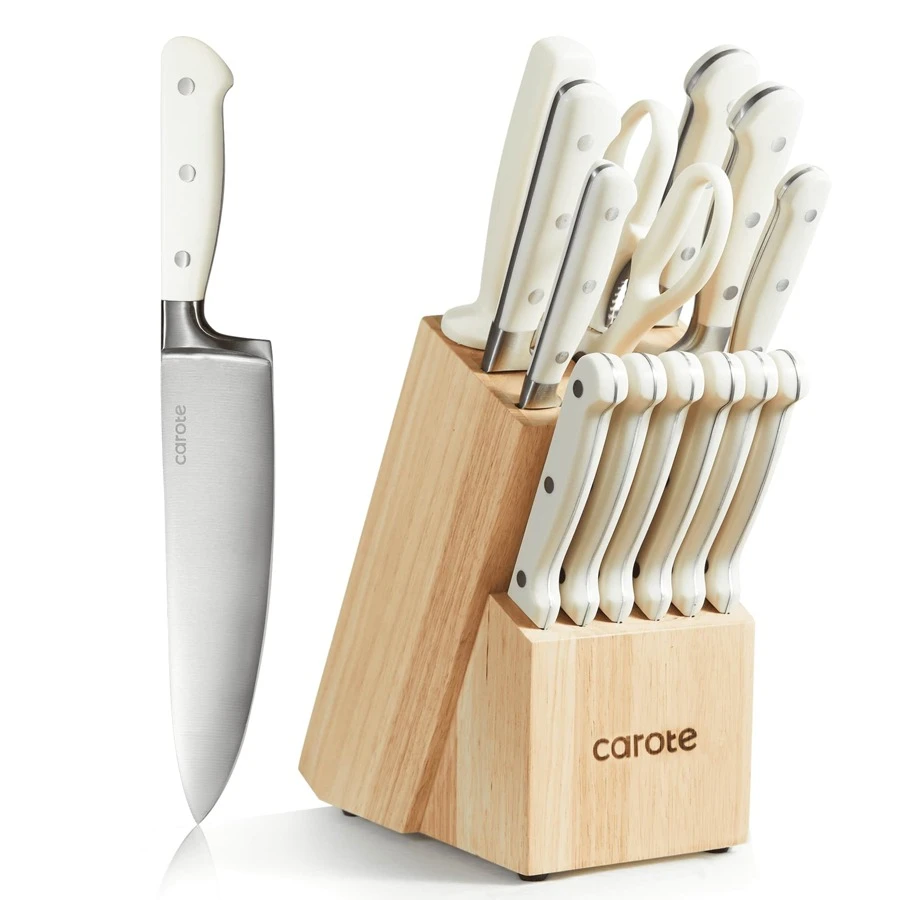 CAROTE 14 Pieces Knife Set With Wooden Block Stainless Steel Knives With Ergonomic Handle, Forged, White