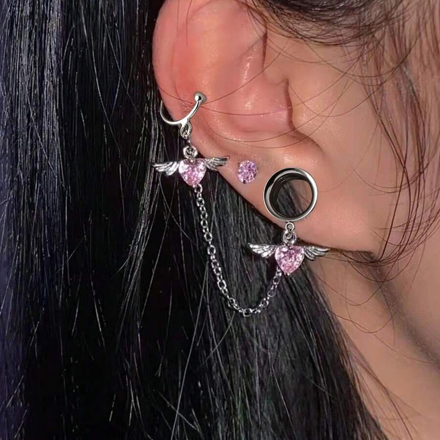 2 piezas Nuevos enchufes colgantes hipoalergénicos de acero inoxidable en forma de corazón, túneles, dilatadores para perforación de orejas, en tallas 2g y 0g, juego de joyas para perforaciones corporales