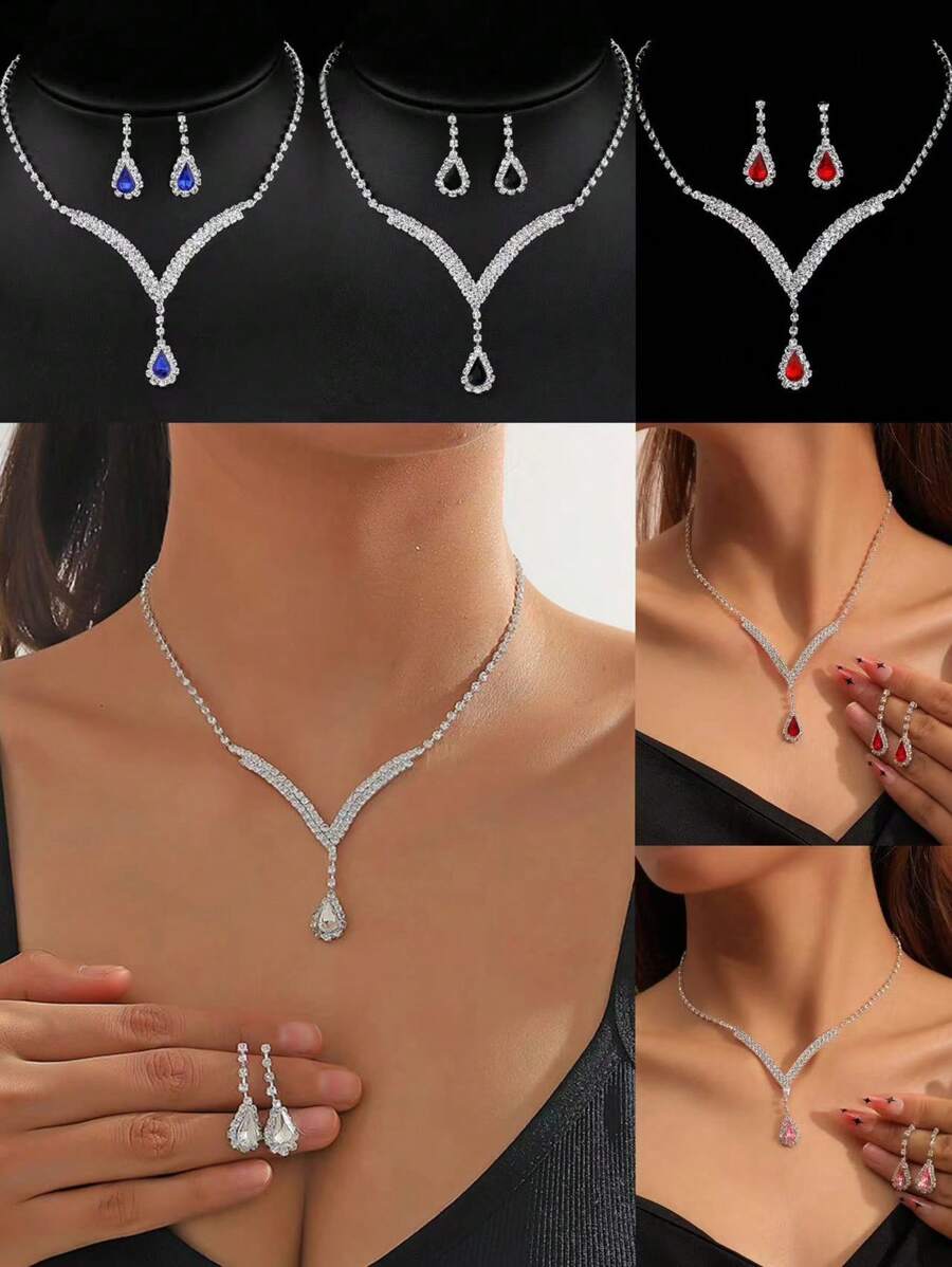 2-Piece Women Teardrop Pendant Necklace And Earrings Set, Fashion Elegant Jewelry For Wedding Party
