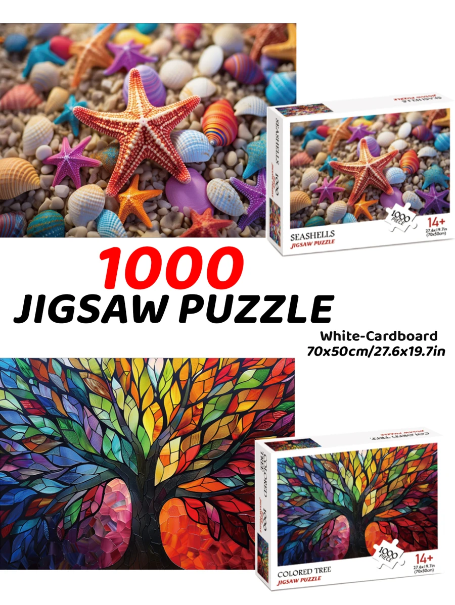 Adults 1000PCS Jigsaw Puzzle Toys For Home Decoration, Colorful Seashell Sea-Stars Artwork Glass Puzzle Tree Of Life Puzzles, 70x50cm Big Size AICG Owl Family White Puzzle Toys Gifts For New Years Valentine's Day