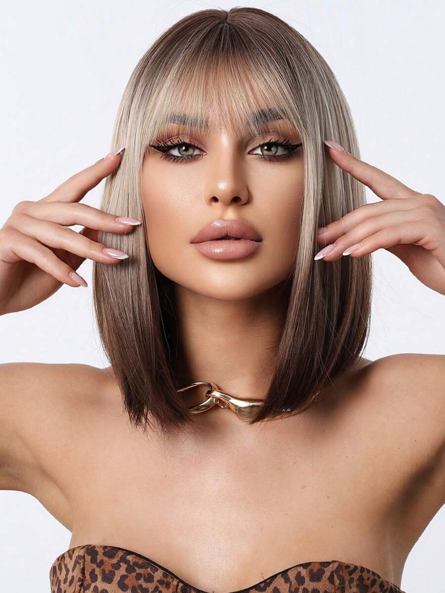Peruca Bob de 14 Polegadas, Peruca de Cabelo Degradê Rosa para Mulheres, Cabelo Médio Liso com Franja, Fibra Sintética Adequada para Uso Diário, Festa, Festa, Férias, Natural, Elegante, Romântica, Sexy, Simples