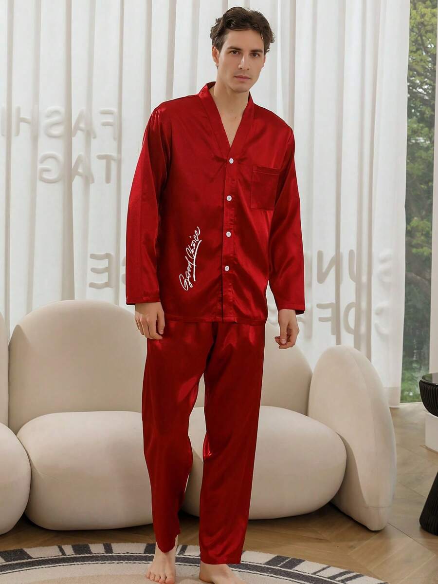 Men's Satin Two Pieces Sets Pajamas With Fashionable Letter Print V-Neck Long Sleeved Top And Pants That Can Be Worn All Year Round