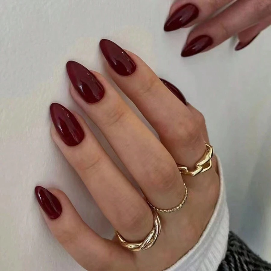 24pcs Burgundy Solid Color Elegant Artificial Nail Tips, Manicure Nail Art Decals For Holidays, Include Nail File & Glue, Suitable For Women & Girls, Party, Date, Wedding, Waterproof, Perfect Fit, Easy To Remove, Summer Best Seller