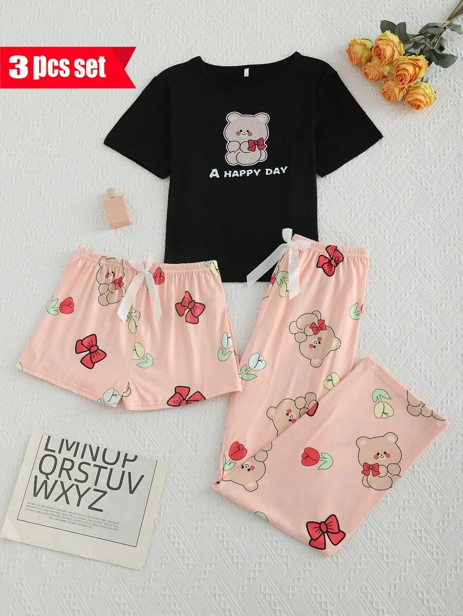 3pcs/Set Cute Cartoon Bear Print Pajama Set - Soft Short Sleeve Crew Neck Top, Elastic Shorts & Pants, Cozy Women's Sleepwear & Loungewear For Relaxation